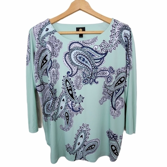 JM Collection | Mint Green 3/4 Sleeve Paisley Print Top Size Small - Picture 1 of 5